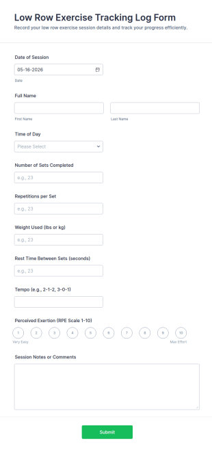 Low Row Exercise Tracking Log Form Template
