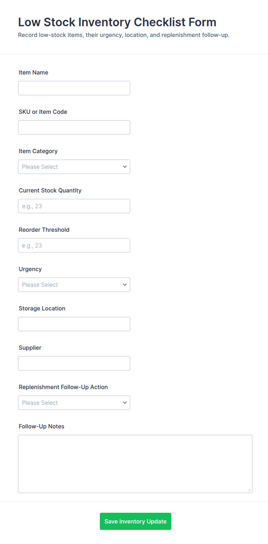 Low Stock Inventory Checklist Form Template | Jotform