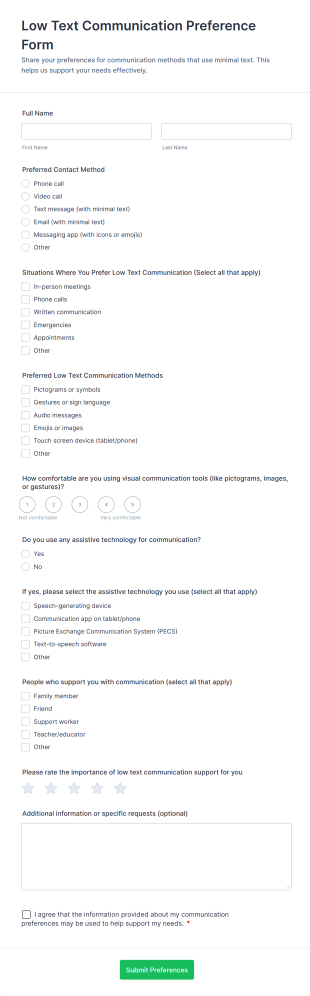Low Text Communication Preference Form Template