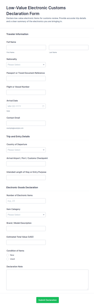 Low Value Electronic Customs Declaration Form Template