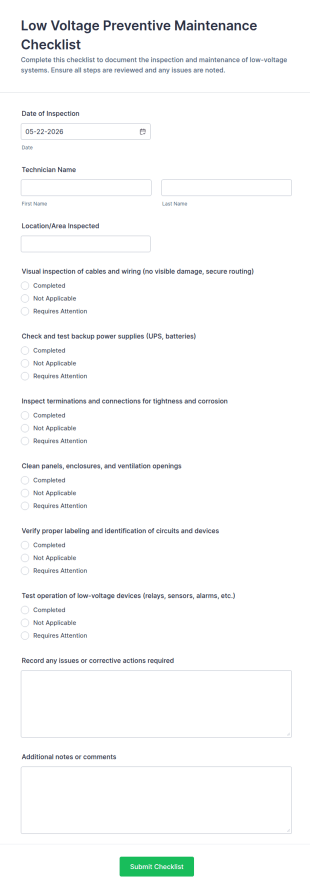 Low Voltage Preventive Maintenance Checklist Form Template