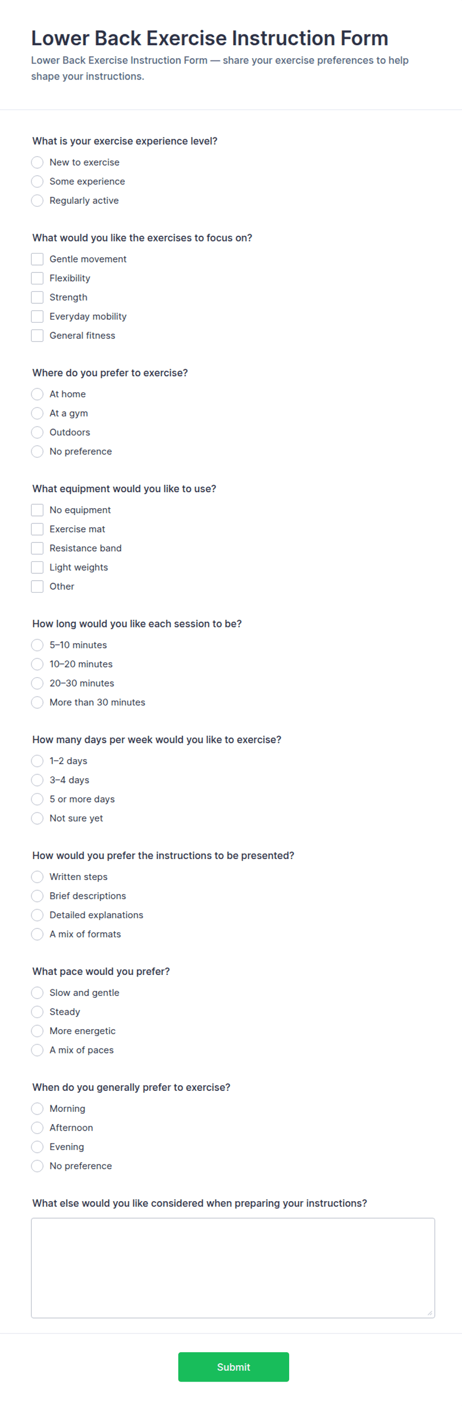Lower Back Exercise Instruction Form Template | Jotform