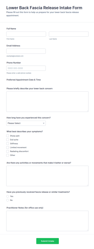 Lower Back Fascia Release Intake Form Template