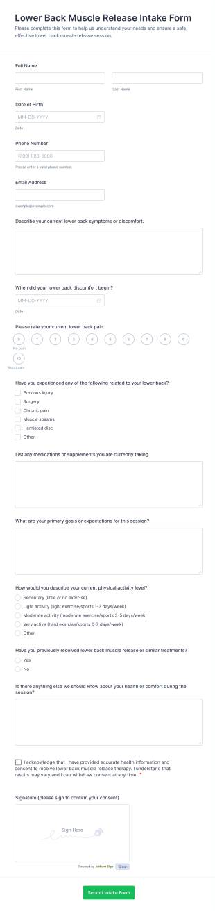 Lower Back Muscle Release Intake Form Template