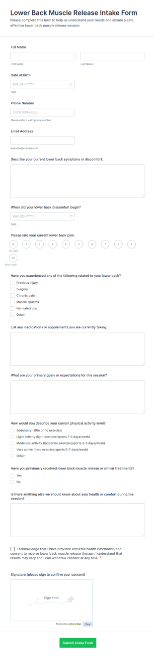 Lower Back Muscle Release Intake Form Template
