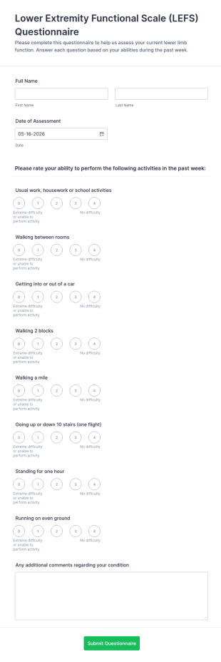 Lower Extremity Functional Scale (LEFS) Questionnaire Form Template