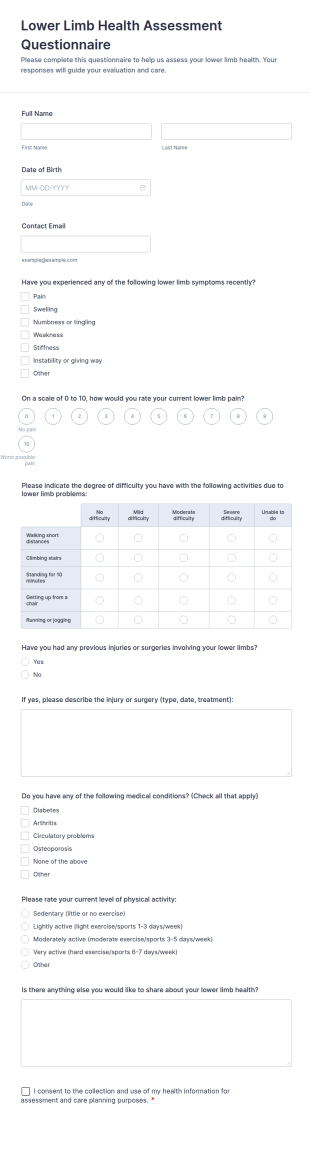 Lower Limb Health Assessment Questionnaire Form Template