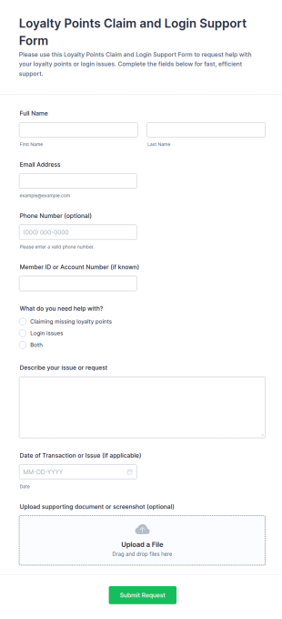 Loyalty Points Claim And Login Support Form Template