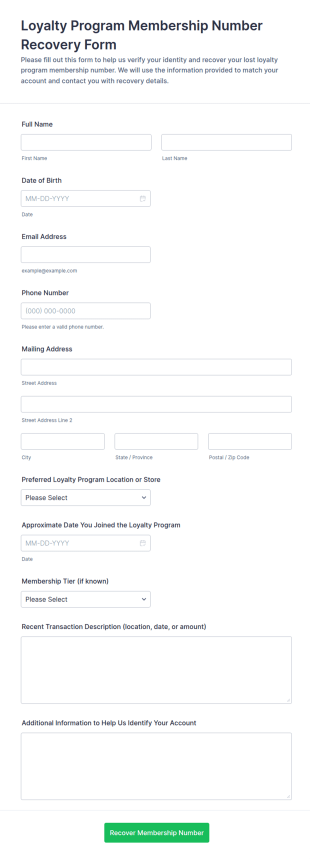 Loyalty Program Membership Number Recovery Form Template