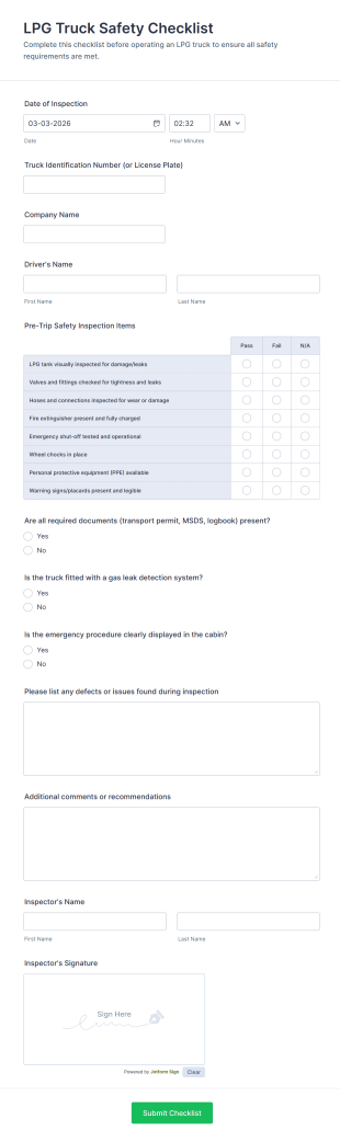 LPG Truck Safety Checklist Form Template