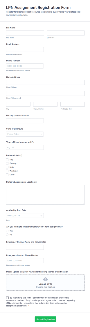 LPN Assignment Registration Form Template