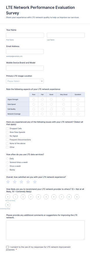 LTE Network Performance Evaluation Survey Form Template