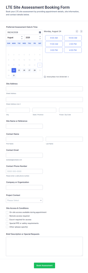 LTE Site Assessment Booking Form Template