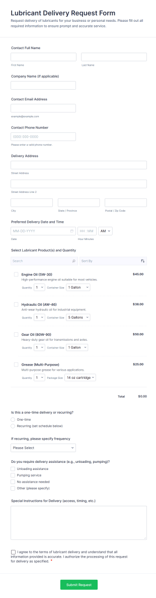 Lubricant Delivery Request Form Template