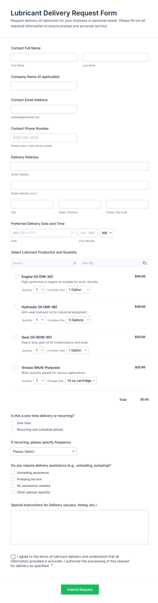 Lubricant Delivery Request Form Template