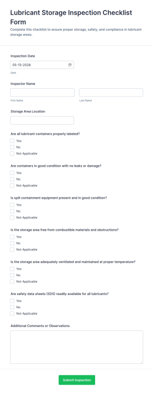 Lubricant Storage Inspection Checklist Form Template