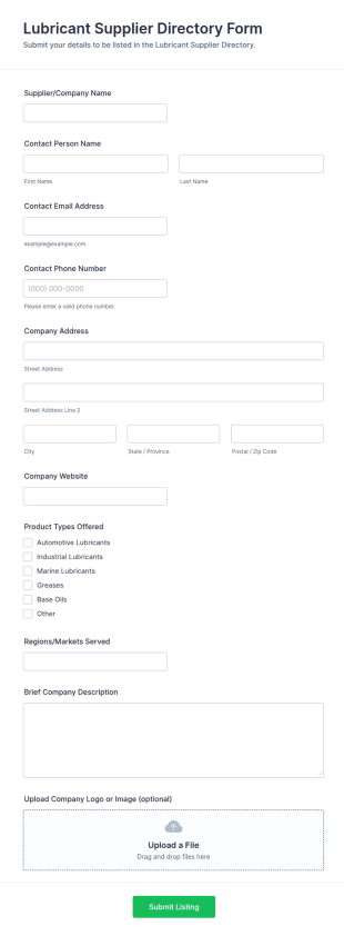 Lubricant Supplier Directory Form Template