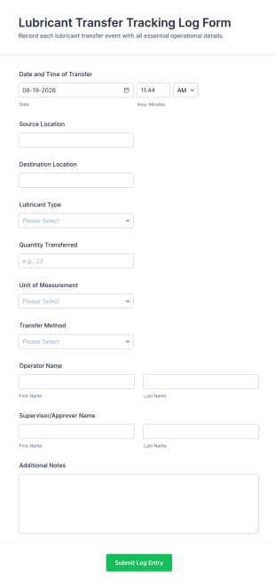 Lubricant Transfer Tracking Log Form Template