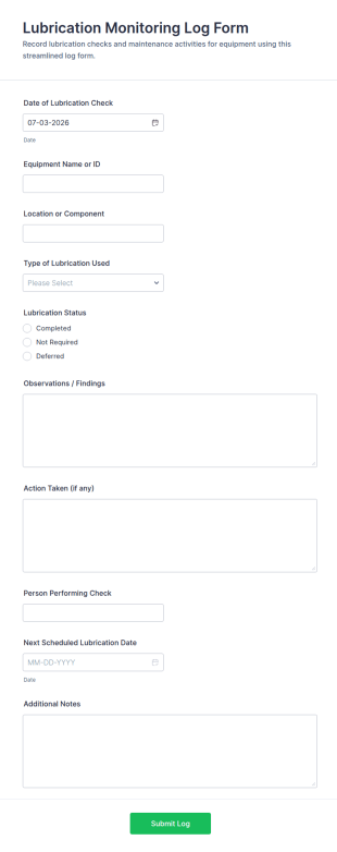 Lubrication Monitoring Log Form Template