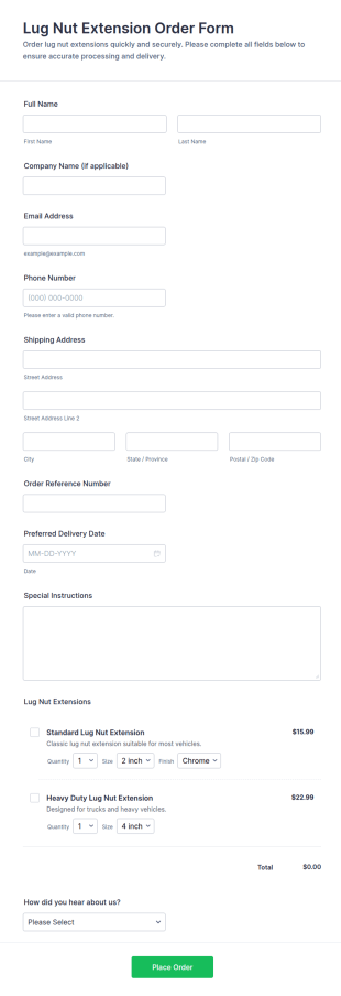 Lug Nut Extension Order Form Template