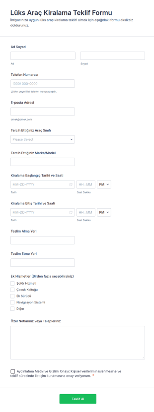 Lüks Araba Kiralama Teklifi Formu 🚗✨ Form Şablonu