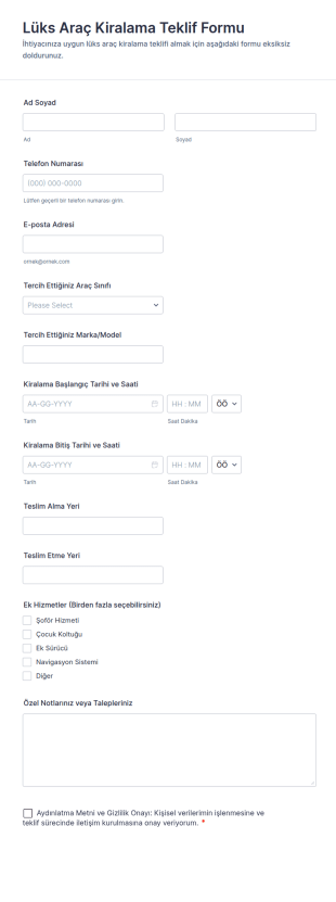 Lüks Araba Kiralama Teklifi Formu 🚗✨ Form Şablonu