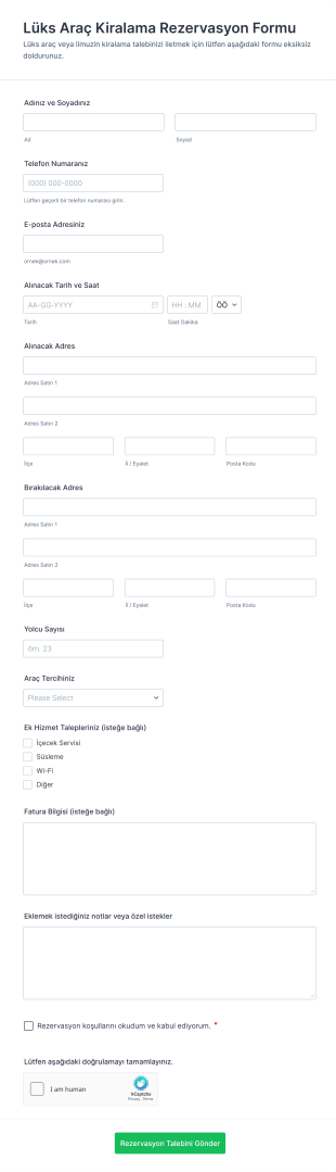 Lüks Araç Kiralama Rezervasyon Form Şablonu