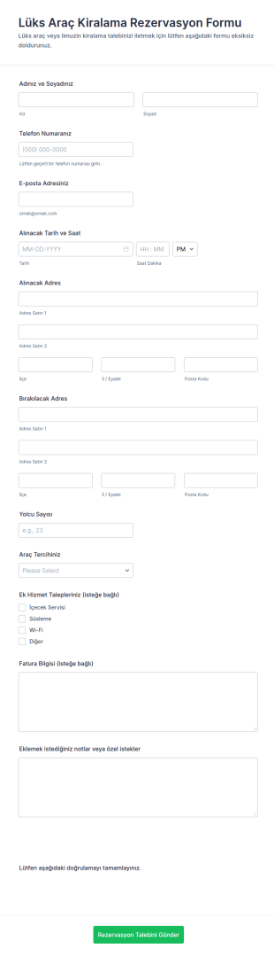 Lüks Araç Kiralama Rezervasyon Form Şablonu