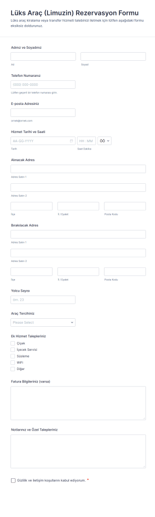 Lüks Araç (Limuzin) Rezervasyon Form Şablonu