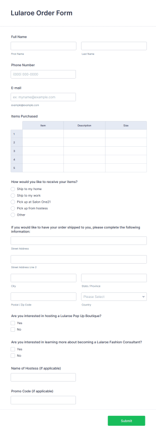 Women's Boutique Order Form Template