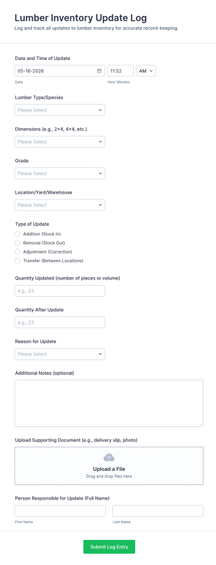 Lumber Inventory Update Log Form Template