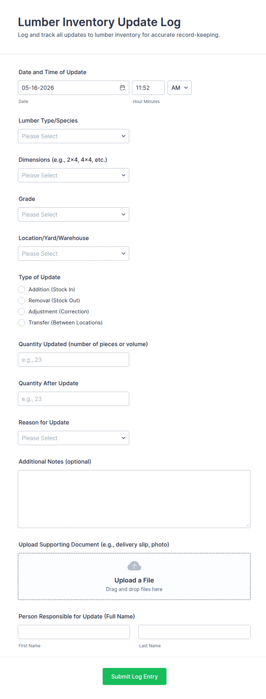 Lumber Inventory Update Log Form Template | Jotform