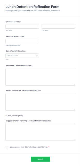 Lunch Detention Reflection Form Template