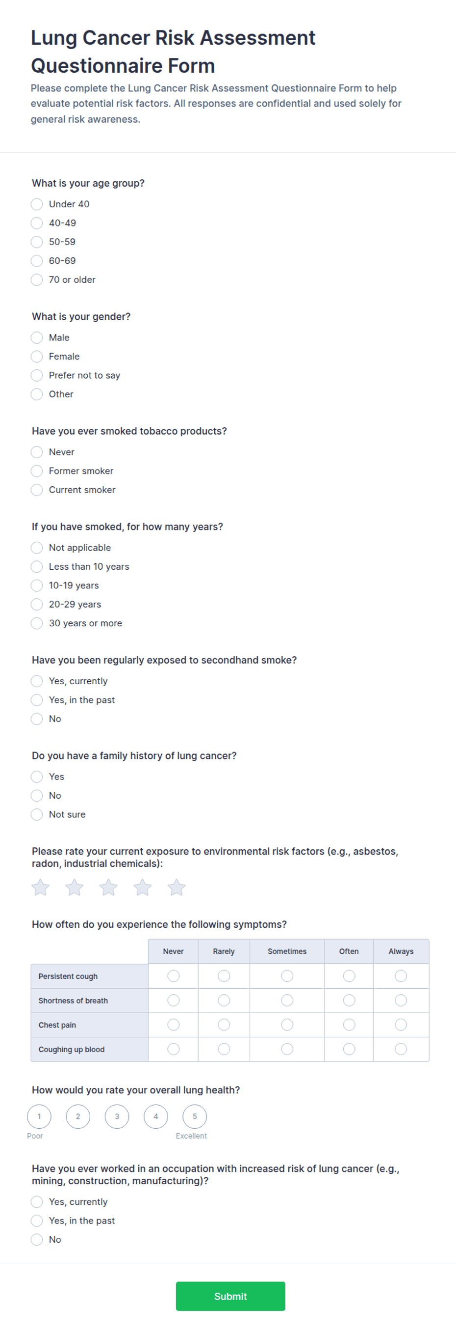 Lung Cancer Risk Assessment Questionnaire Form Template | Jotform