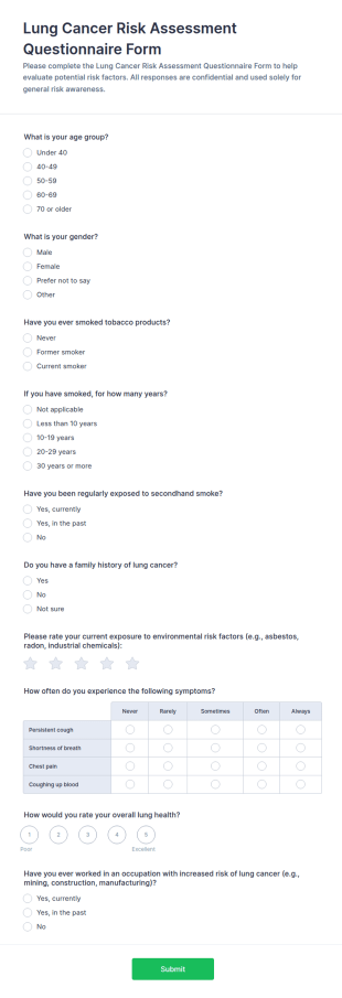 Lung Cancer Risk Assessment Questionnaire Form Template
