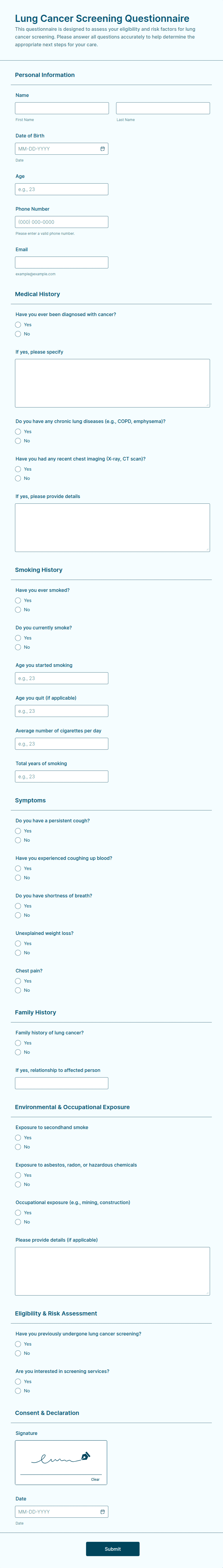 Lung Cancer Screening Questionnaire Form Template | Jotform
