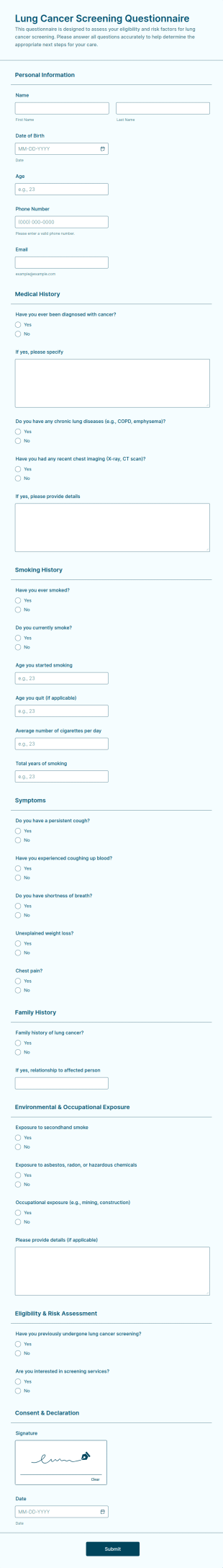Lung Cancer Screening Questionnaire Form Template