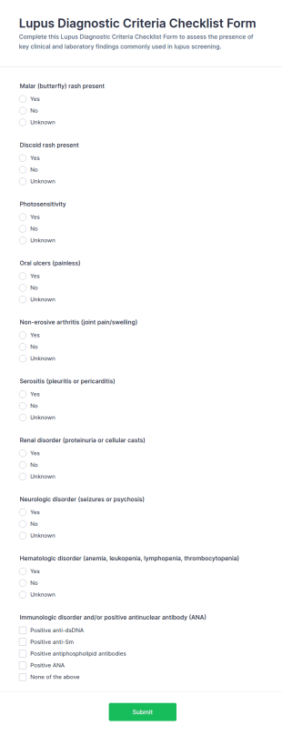 Lupus Diagnostic Criteria Checklist Form Template