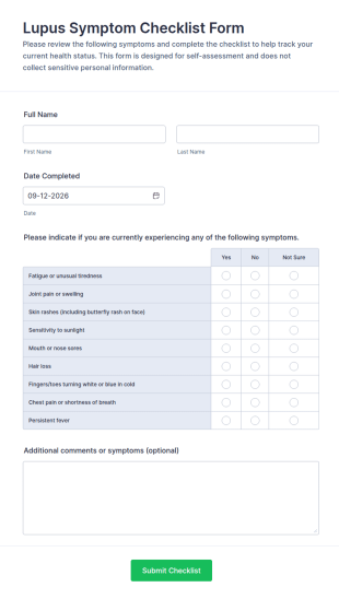 Lupus Symptom Checklist Form Template