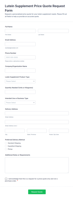 Lutein Supplement Price Quote Request Form Template