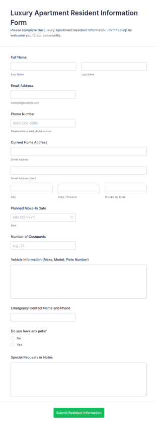 Luxury Apartment Resident Information Form Template
