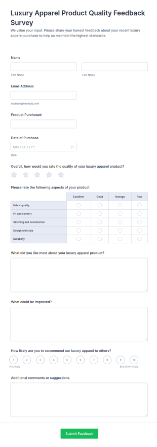 Luxury Apparel Product Quality Feedback Survey Form Template