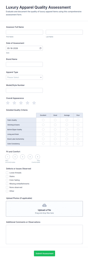 Luxury Apparel Quality Assessment Form Template