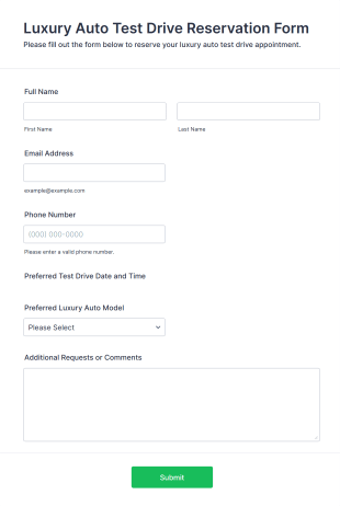Luxury Auto Test Drive Reservation Form Template