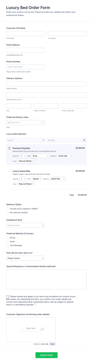 Luxury Bed Order Form Template