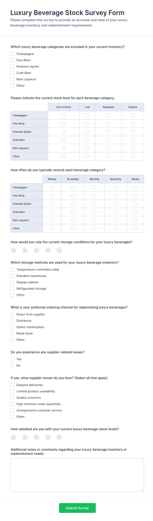 Luxury Beverage Stock Survey Form Template