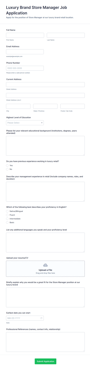 Luxury Brand Store Manager Job Application Form Template