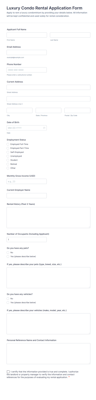 Luxury Condo Rental Application Form Template