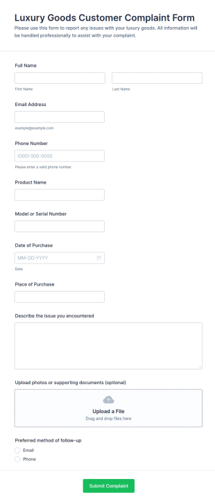 Luxury Goods Customer Complaint Form Template