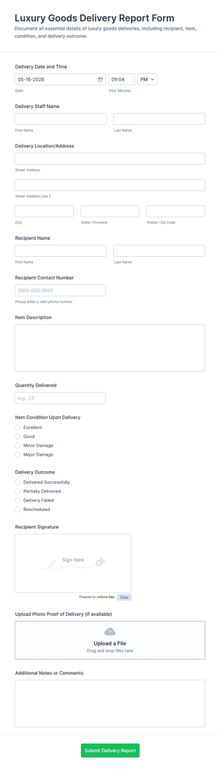 Luxury Goods Delivery Report Form Template